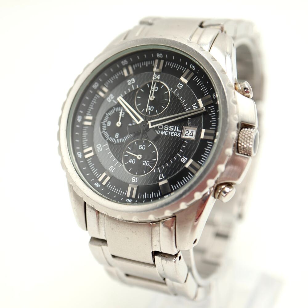 Fossil Mens Black Silver Tone Chronograph 42mm Watch Steel CH2446 w New Battery